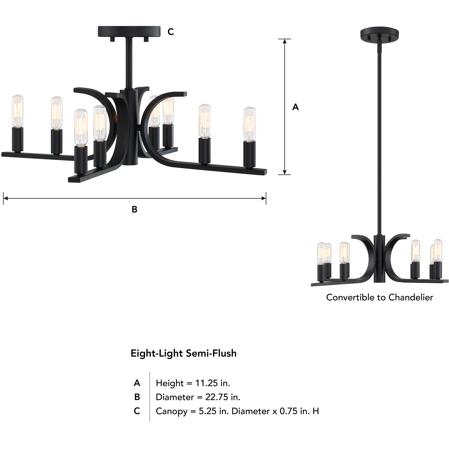 Skye 8 Light 22.75 inch Matte Black Semi Flush/Convertible Ceiling Light