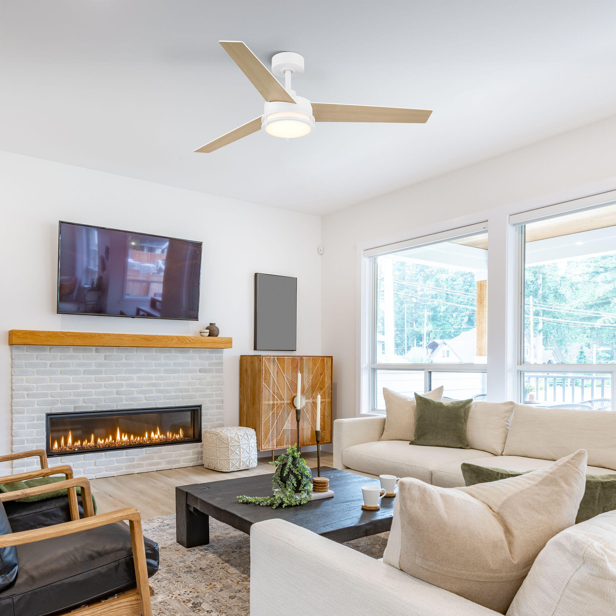 Cassini 52 inch Matte White with Reversible Matte White/Blonde Maple Blades DC Smart Fan