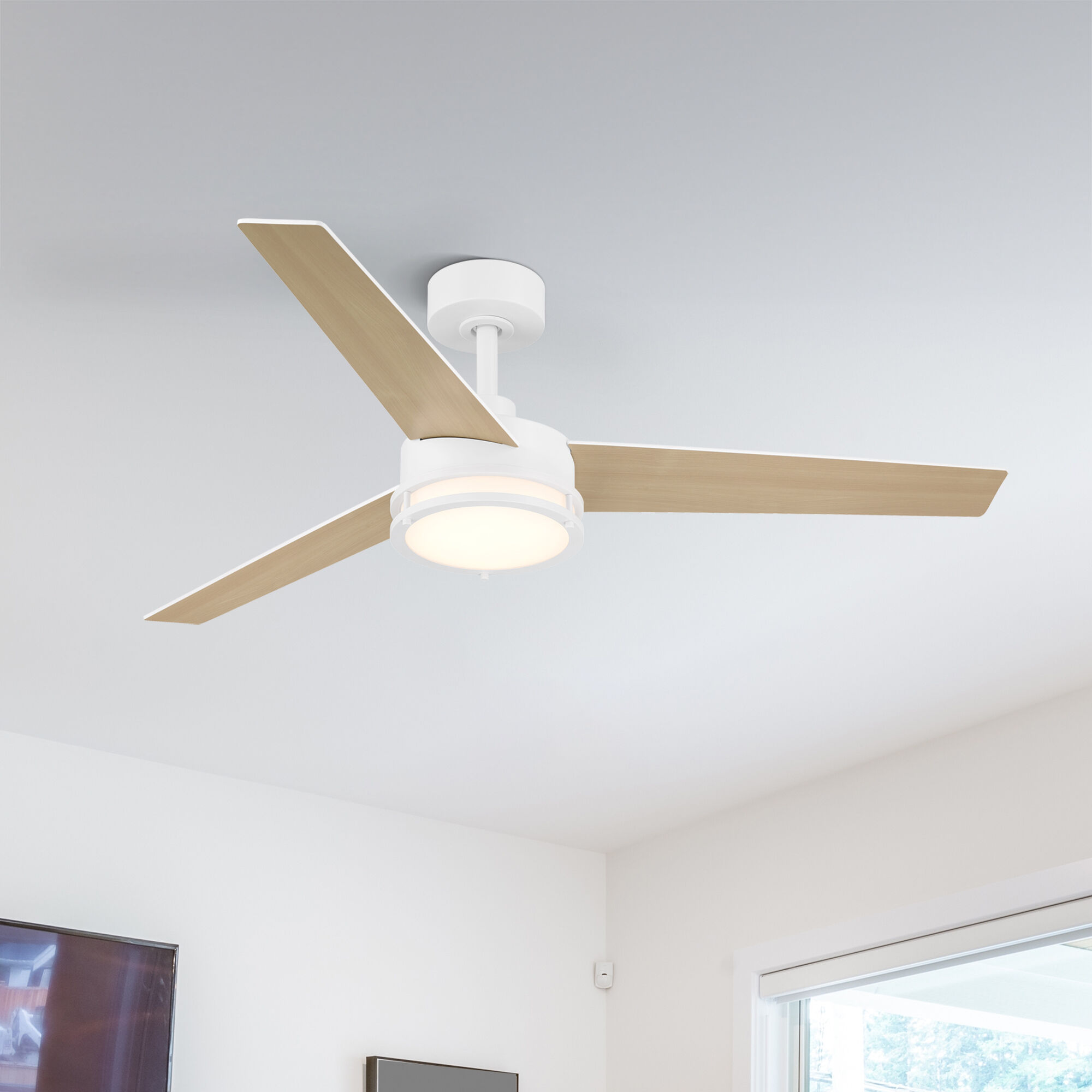 Cassini 52 inch Matte White with Reversible Matte White/Blonde Maple Blades DC Smart Fan