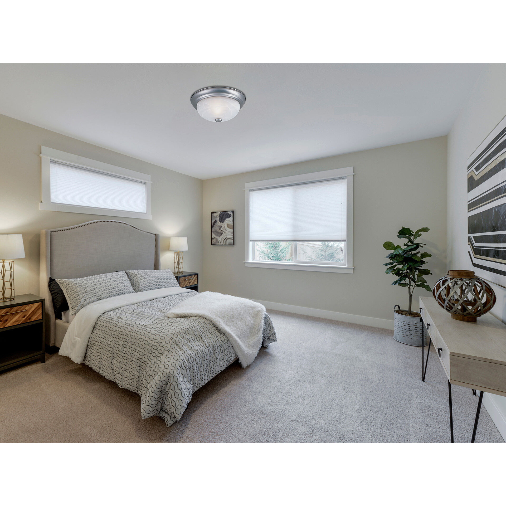 Decorative 3 Light 15 inch Pewter Flushmount Ceiling Light in White Alabaster, Large