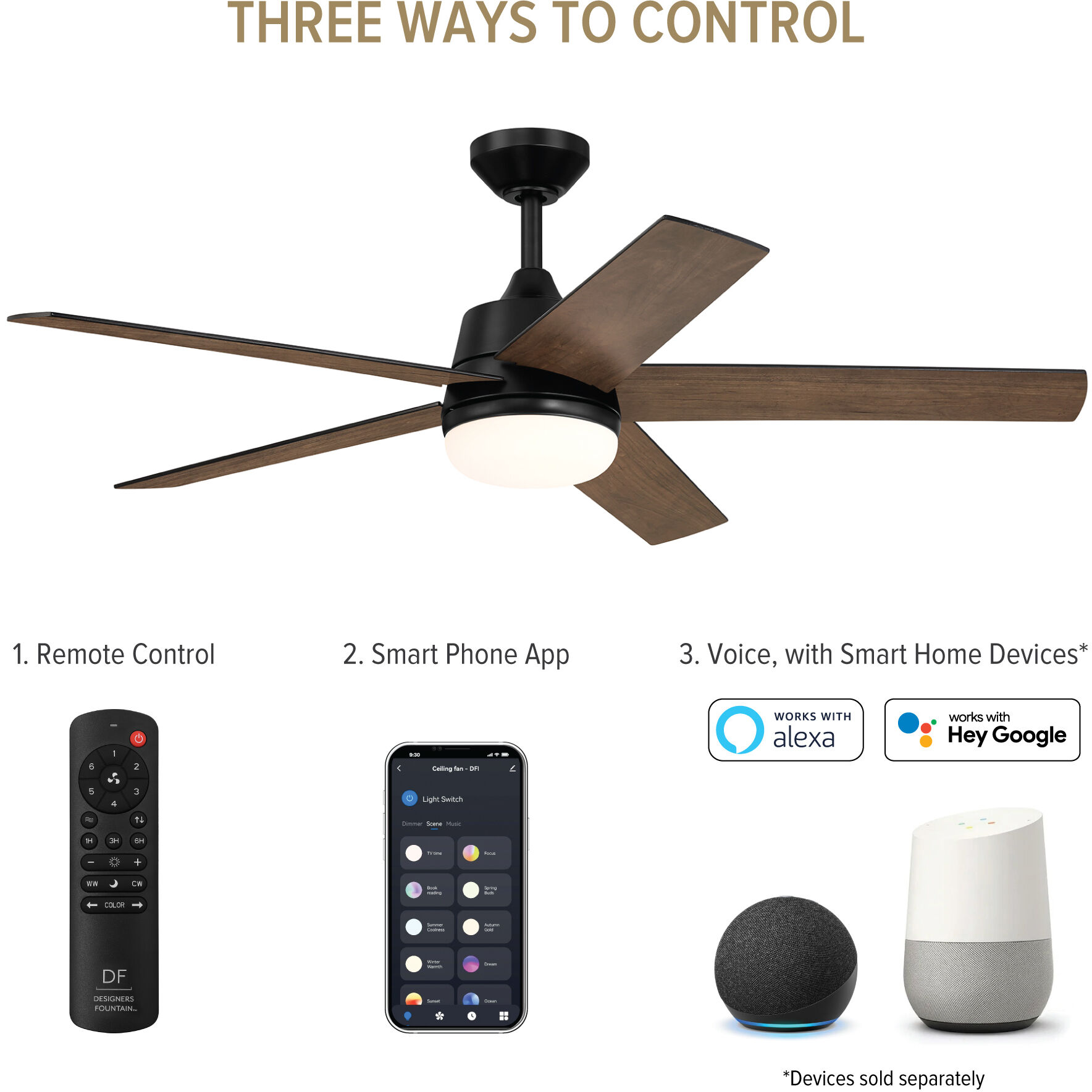 Astrea 52 inch Matte Black with Reversible Matte Black/Sepia Brown Blades Smart Color Fan