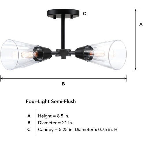 Norro 4 Light 21 inch Matte Black Semi-Flush Mount Ceiling Light