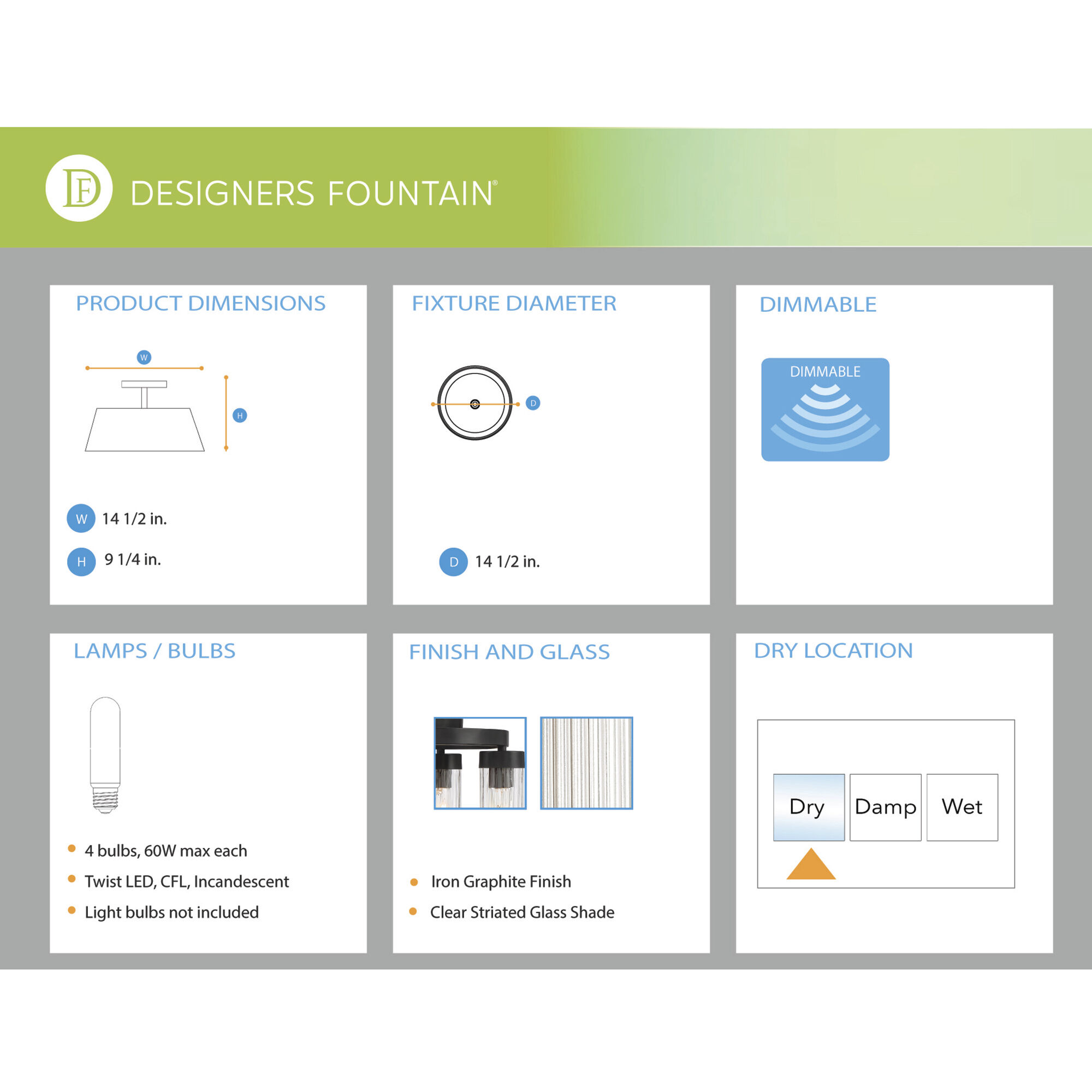 Braden 4 Light 14.5 inch Iron Graphite Semi-Flush Ceiling Light