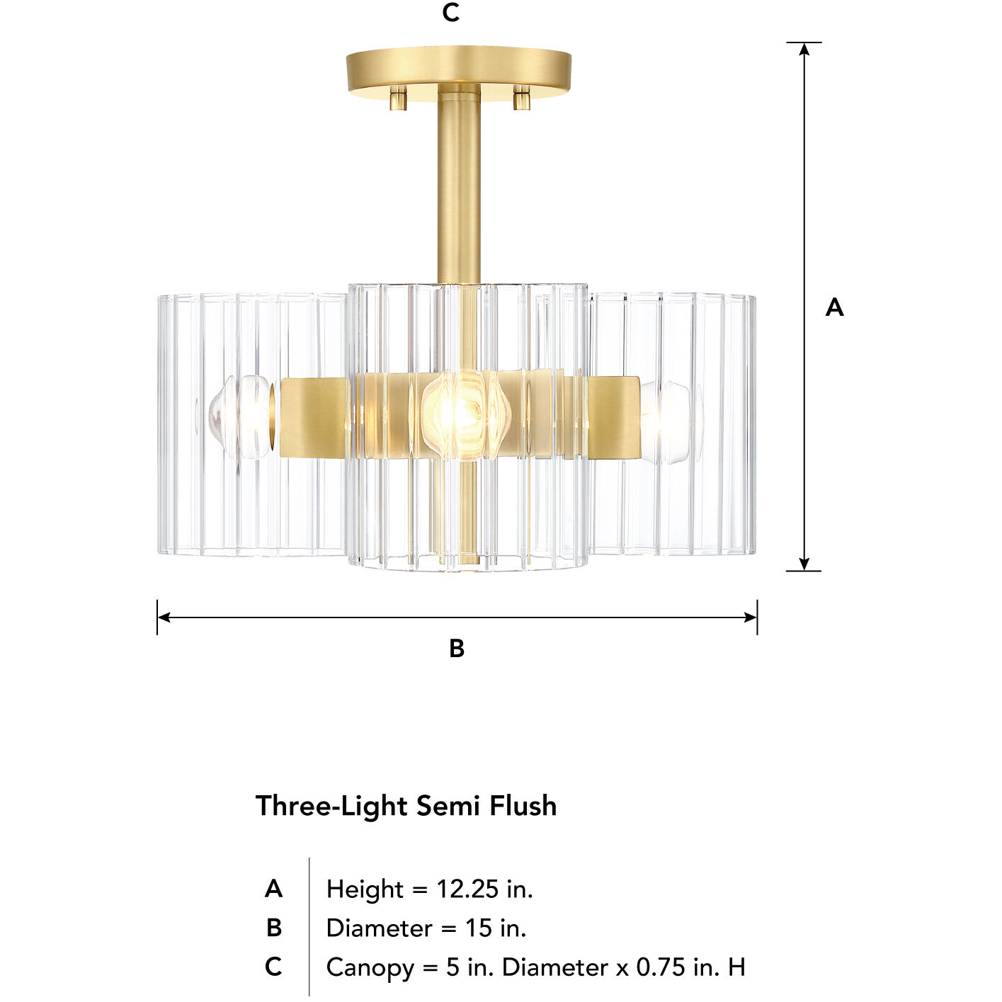Aries 3 Light 15 inch Brushed Gold Semi-Flush Mount Ceiling Light