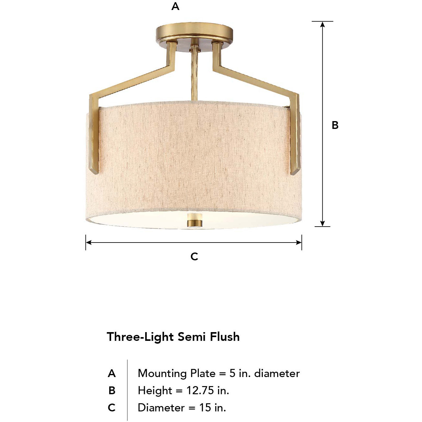 Elara 3 Light 15 inch Brushed Gold Semi-Flush Ceiling Light