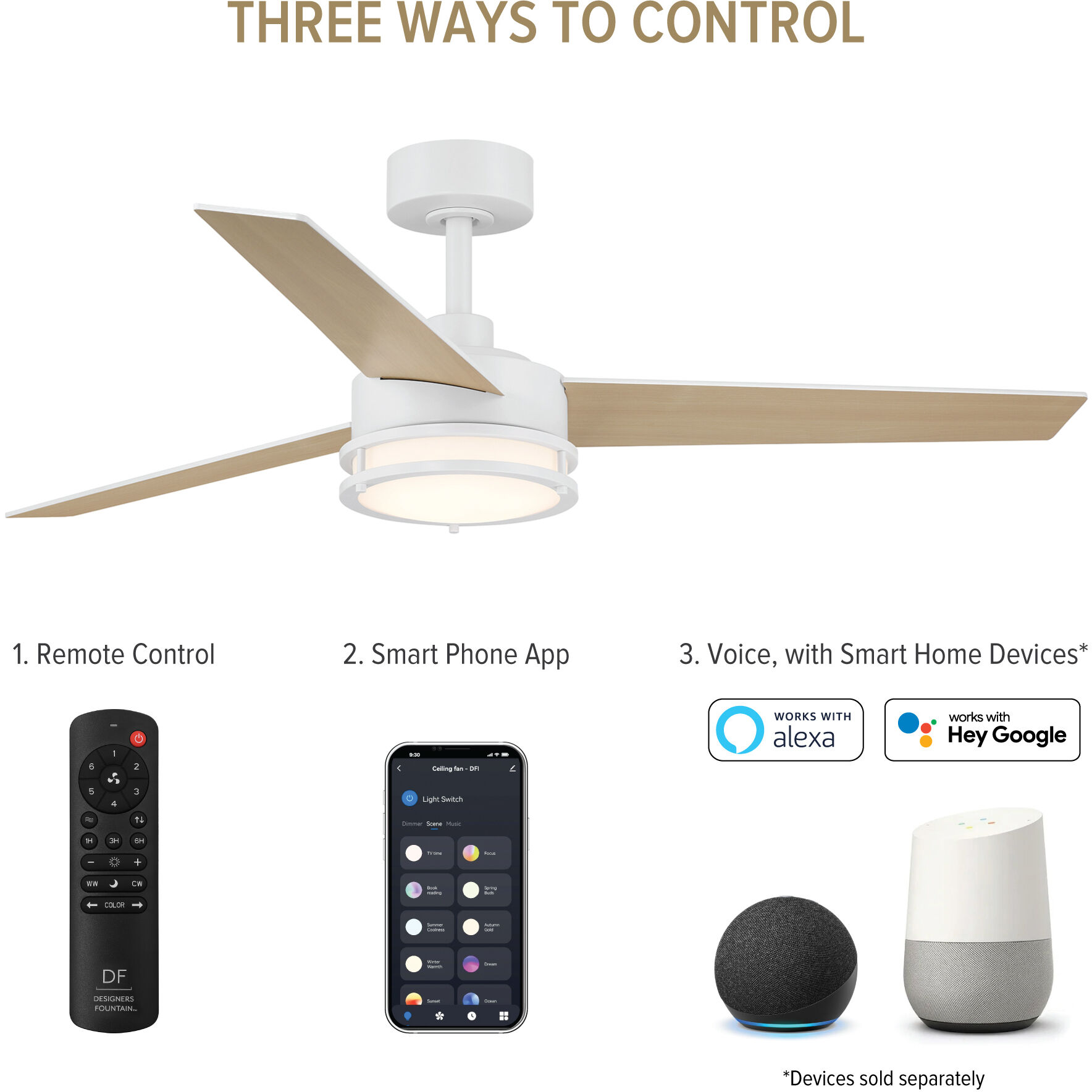 Cassini 52 inch Matte White with Reversible Matte White/Blonde Maple Blades DC Smart Fan