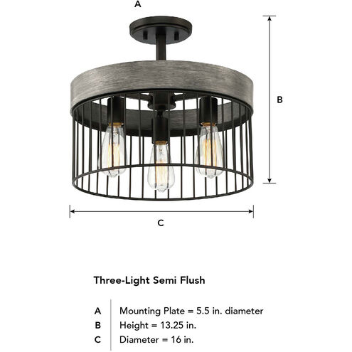 Aster 3 Light 16 inch Matte Black Semi-Flush Ceiling Light