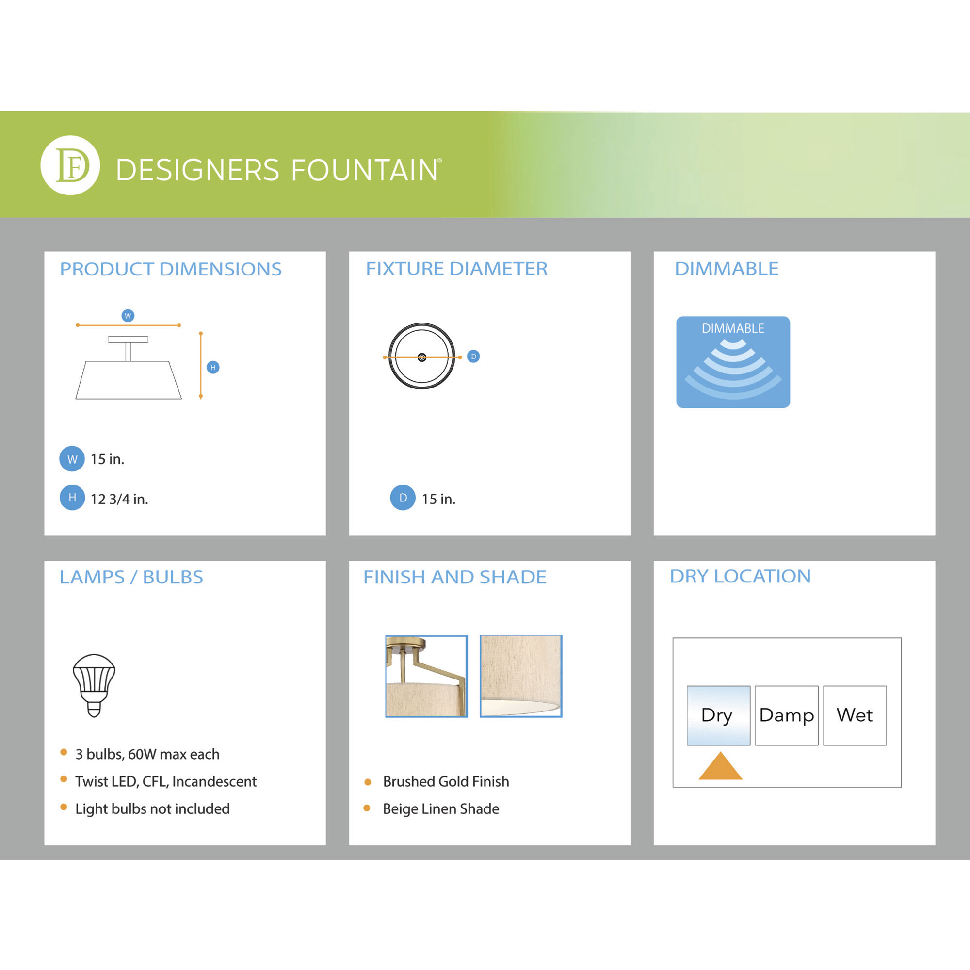 Elara 3 Light 15 inch Brushed Gold Semi-Flush Ceiling Light