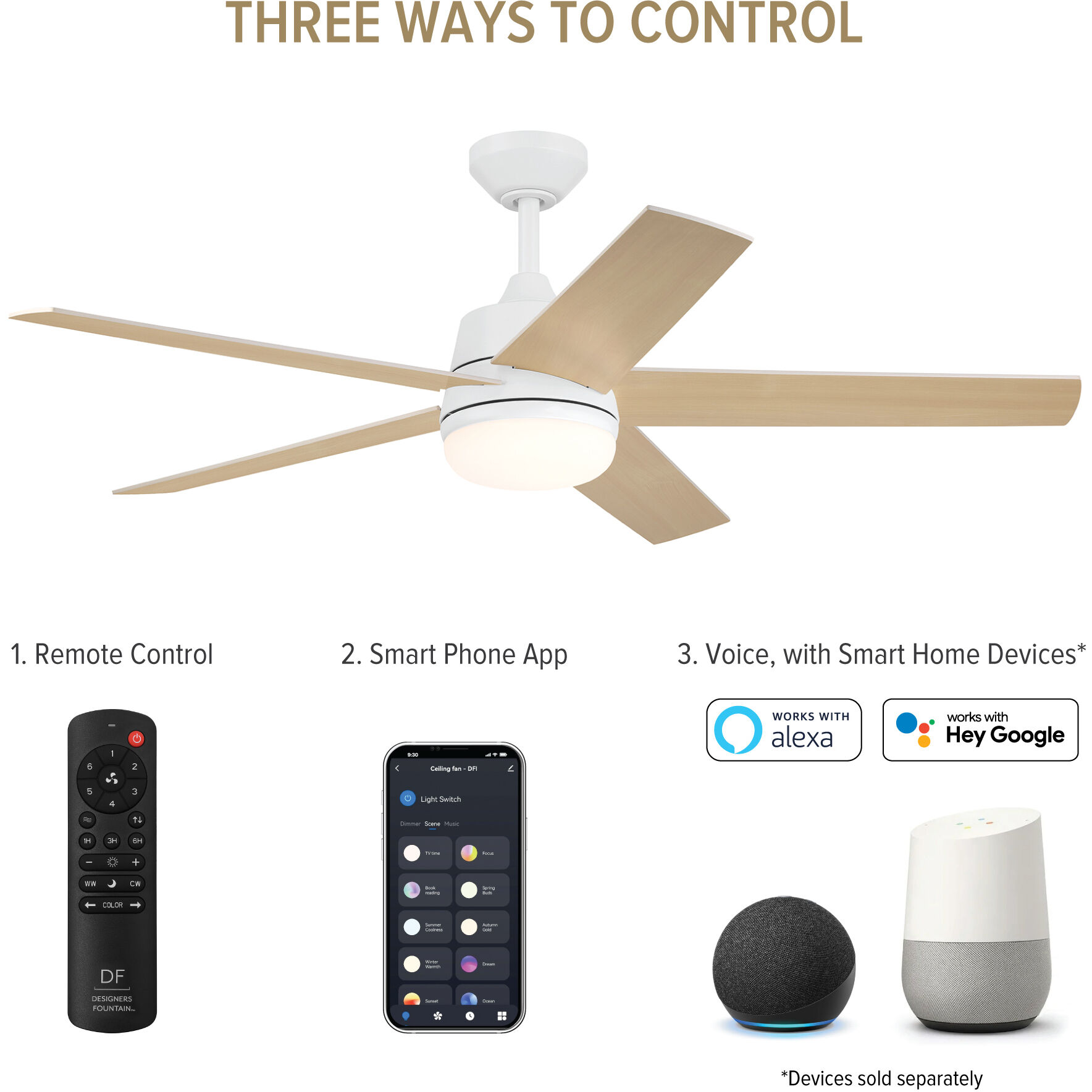 Astrea 52 inch Matte White with Reversible Matte White/Blonde Maple Blades Smart Color Fan