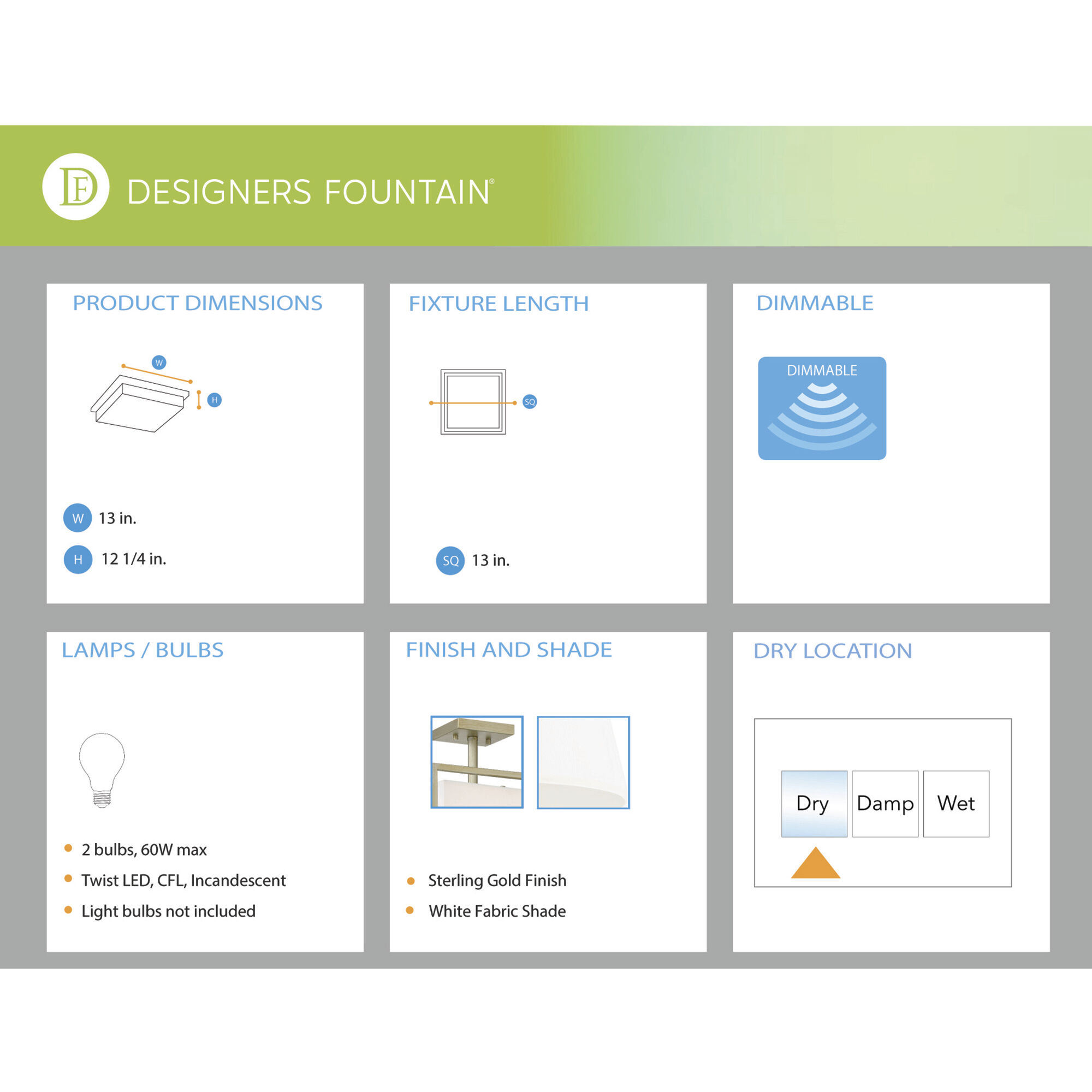 Chloie 2 Light 13 inch Sterling Gold Semi-Flush Ceiling Light