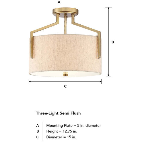 Elara 3 Light 15 inch Brushed Gold Semi-Flush Ceiling Light
