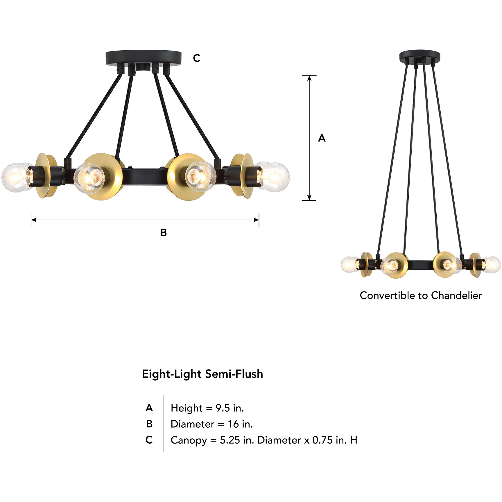 Harmoni 8 Light 16 inch Matte Black Semi Flush/Convertible Ceiling Light
