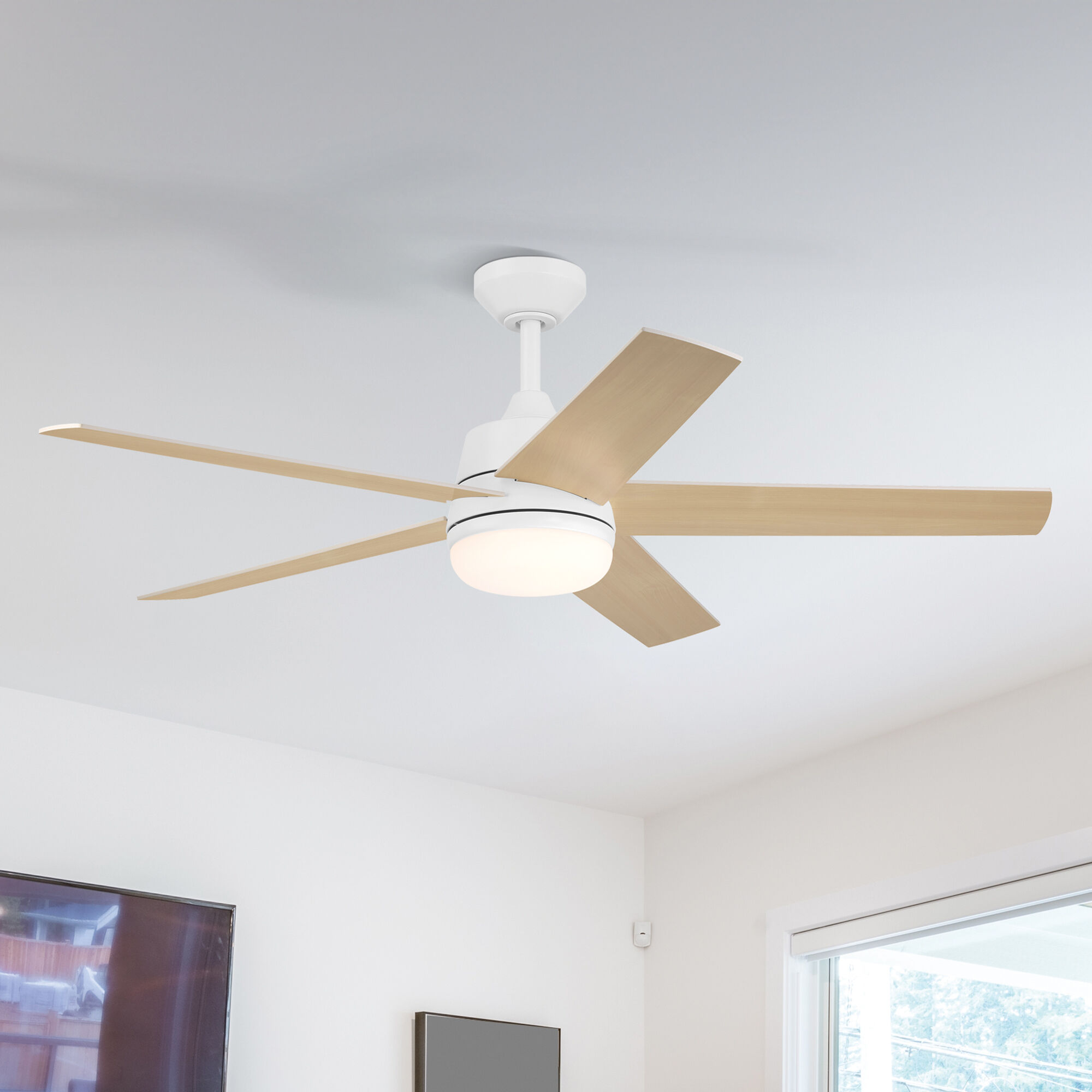 Astrea 52 inch Matte White with Reversible Matte White/Blonde Maple Blades Smart Color Fan
