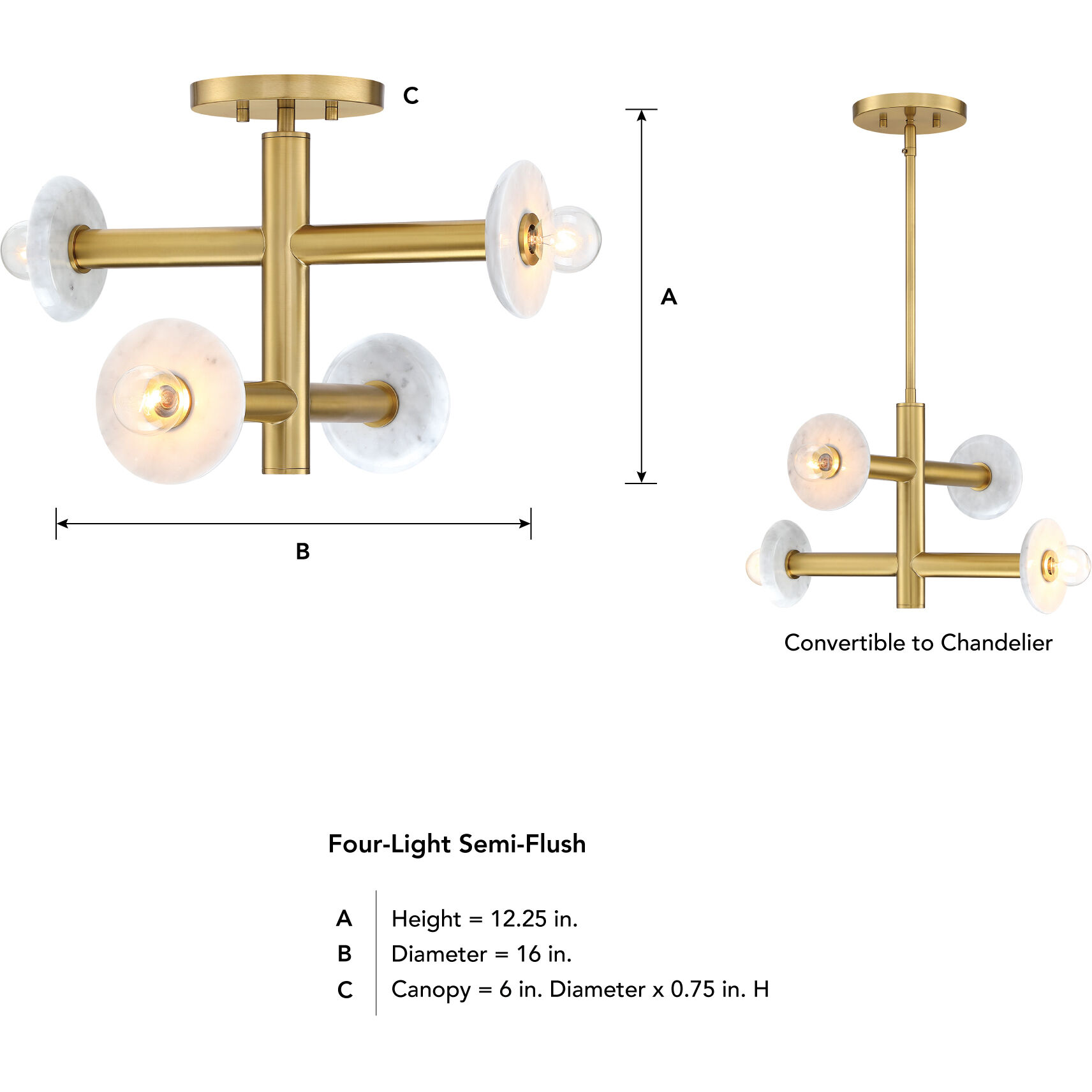 Fina 4 Light 16 inch Brushed Gold Semi Flush/Convertible Ceiling Light